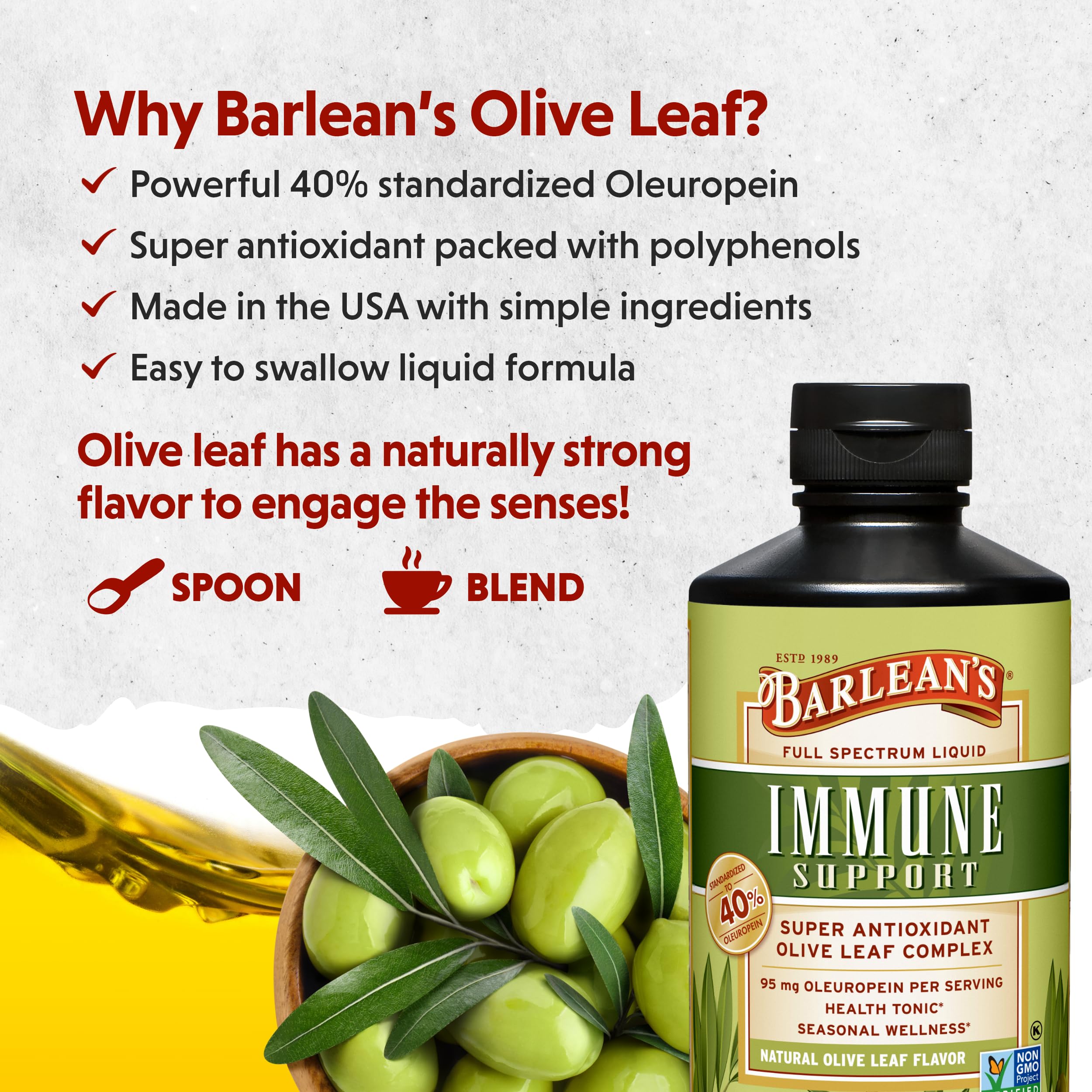 Barlean's Olive Leaf Complex label closeup highlights 40% oleuropein potency.