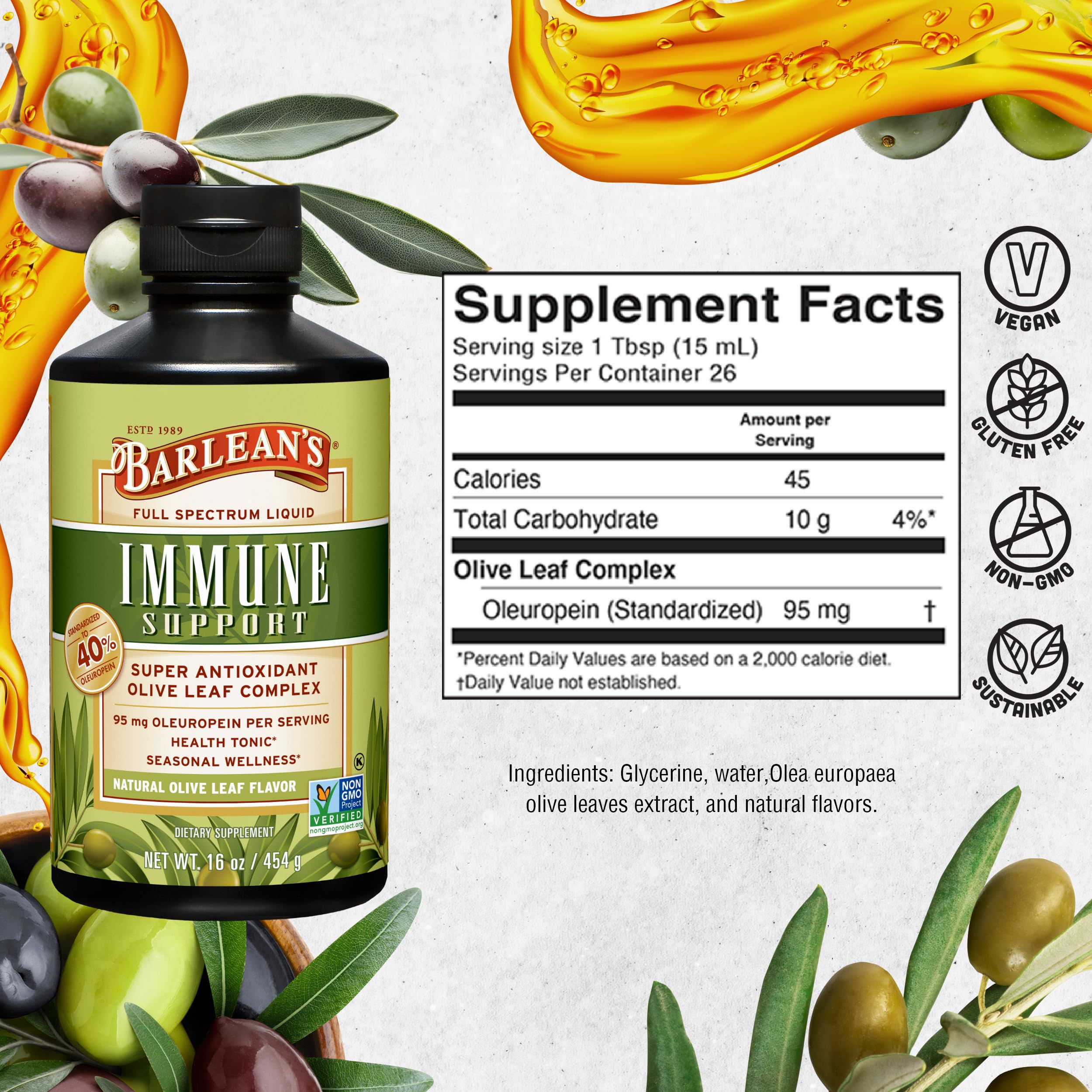 Barlean's Olive Leaf Complex origin Spain label emphasizes fresh-pressed potency.