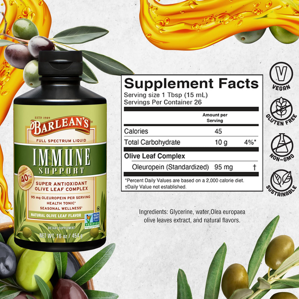 Barlean's Olive Leaf Complex origin Spain label emphasizes fresh-pressed potency.