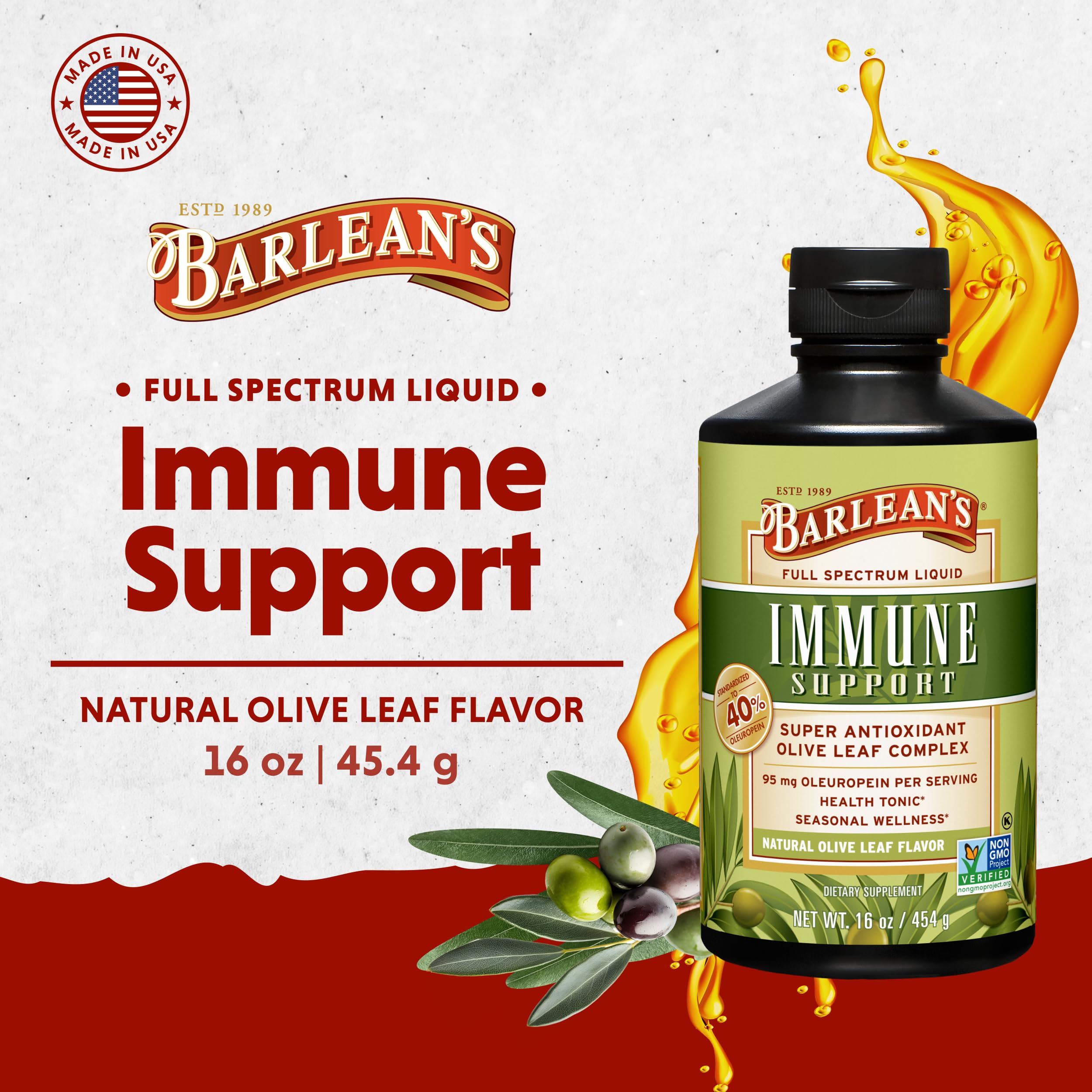Barlean's Olive Leaf Complex pour ready for daily immune support routine.
