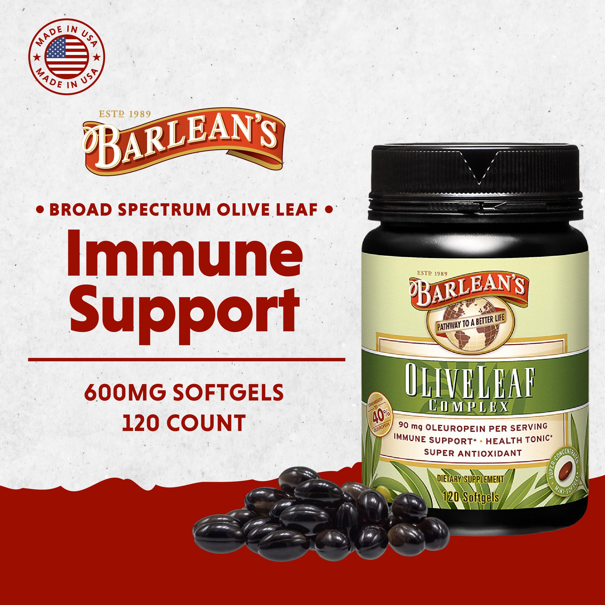 Close-up of Barlean's olive leaf softgels highlighting oleuropein potency.