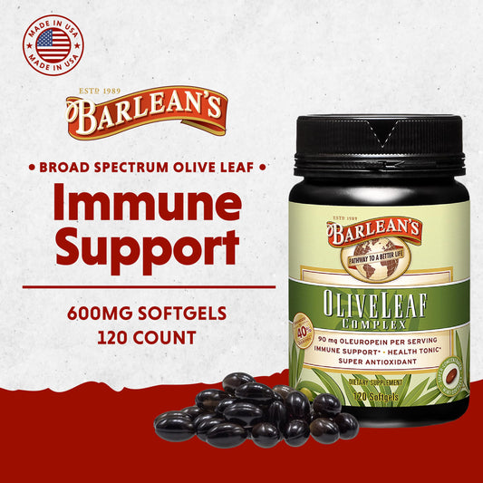 Close-up of Barlean's olive leaf softgels highlighting oleuropein potency.