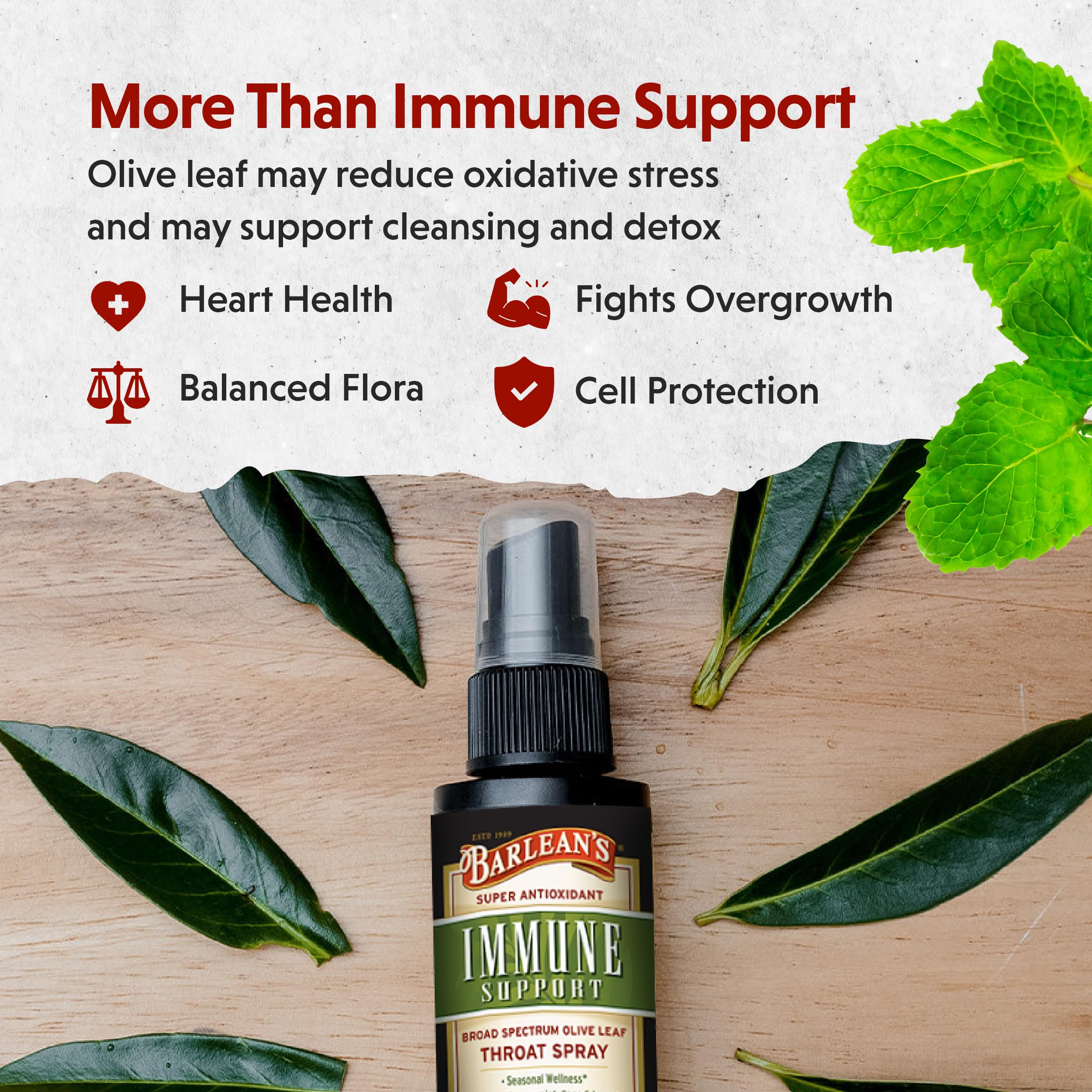 Barlean's Olive Leaf Complex Throat Spray 2-pack box on display for convenience.