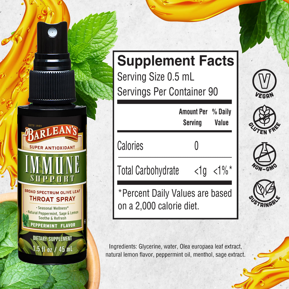 Barlean's Olive Leaf Complex Throat Spray adult-use application on bottle.