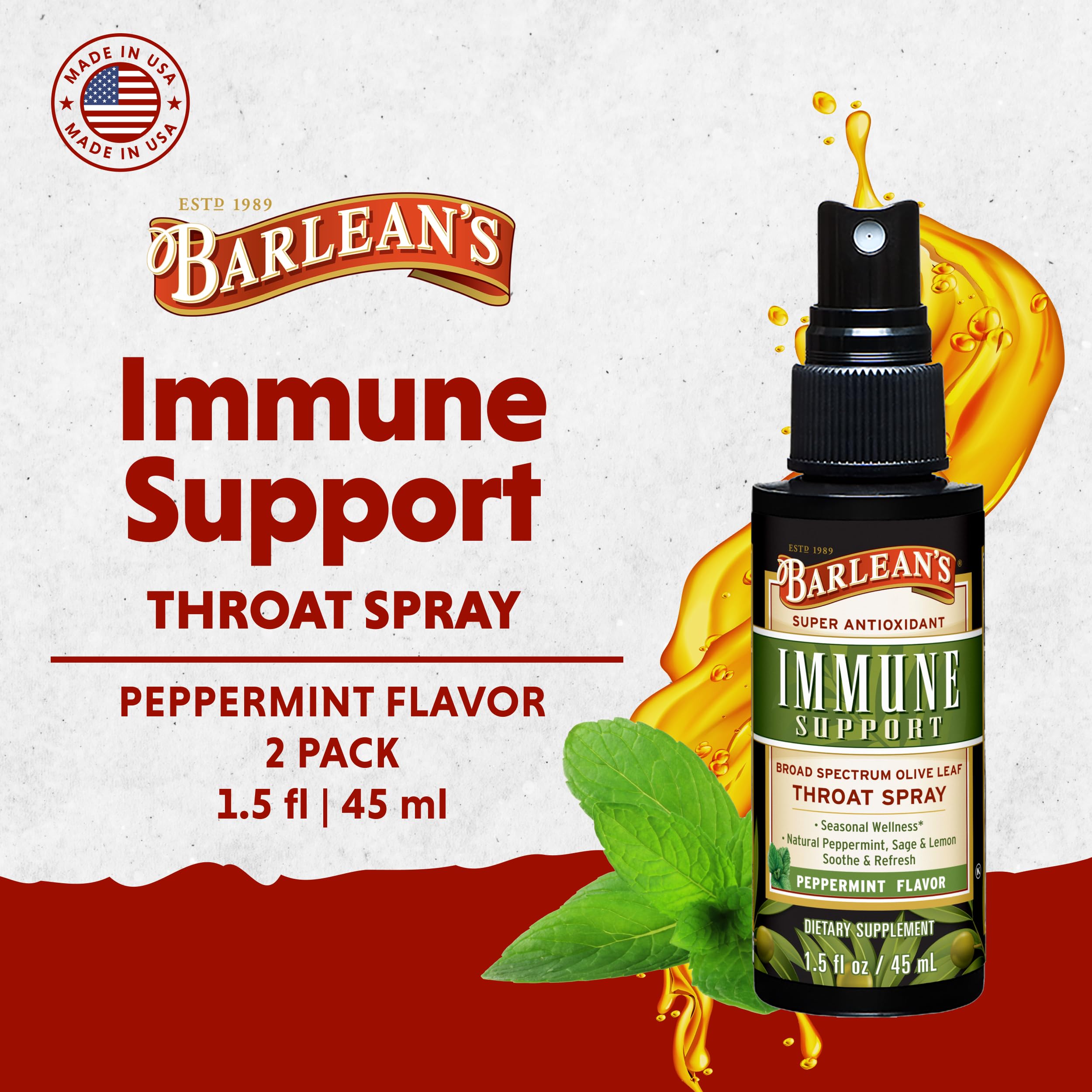 Barlean's Olive Leaf Complex Throat Spray peppermint-lemon-sage label close-up for refreshing flavor.