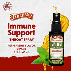 Barlean's Olive Leaf Complex Throat Spray peppermint-lemon-sage label close-up for refreshing flavor.