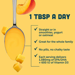 One tablespoon daily Barlean's Omega-3 served on spoon for easy dosing