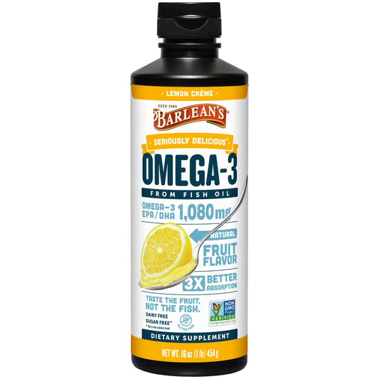 Barlean's Omega-3 fish oil bottle with Lemon Creme flavor for daily EPA/DHA intake.