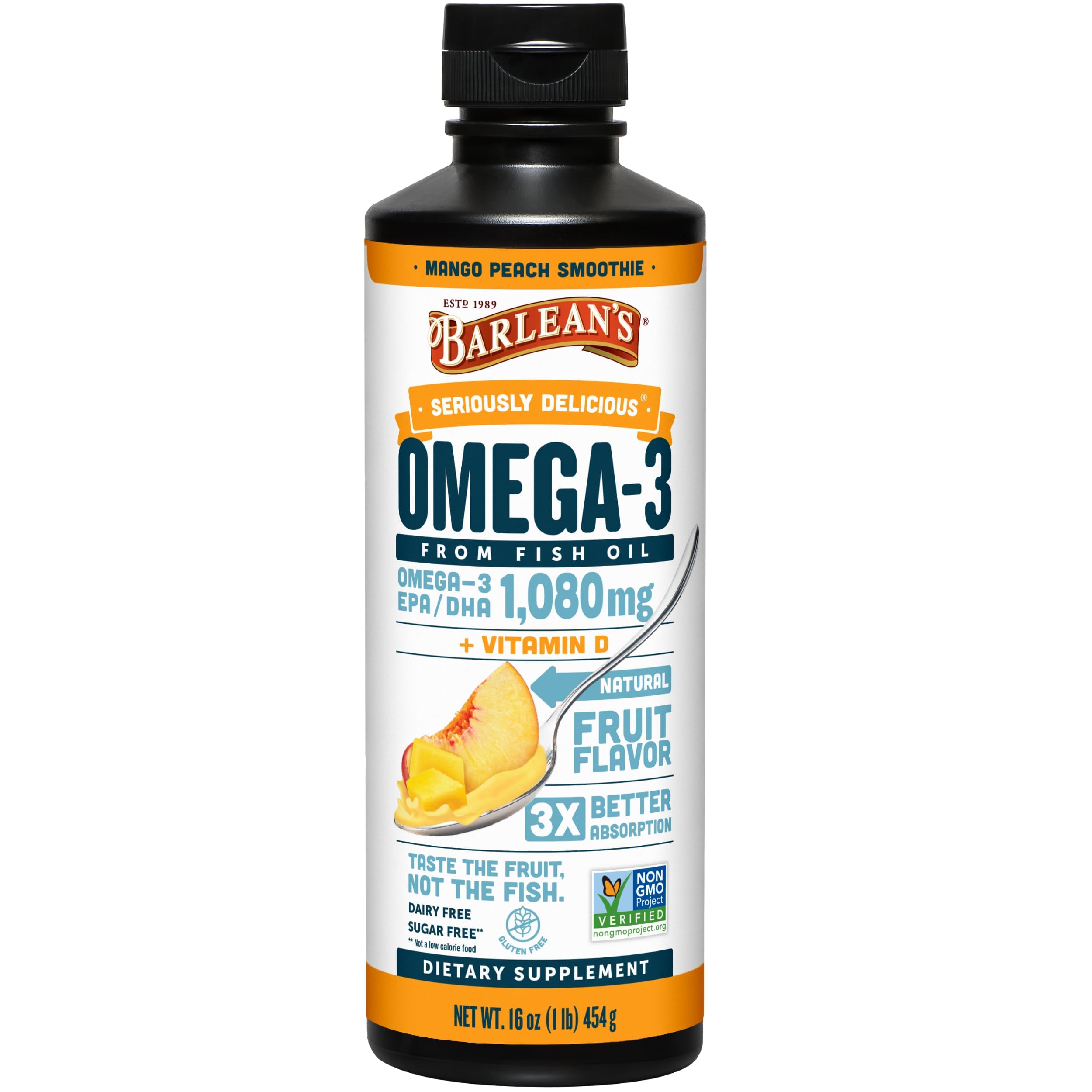 Barlean's Omega-3 fish oil liquid bottle mango peach with burp-free profile