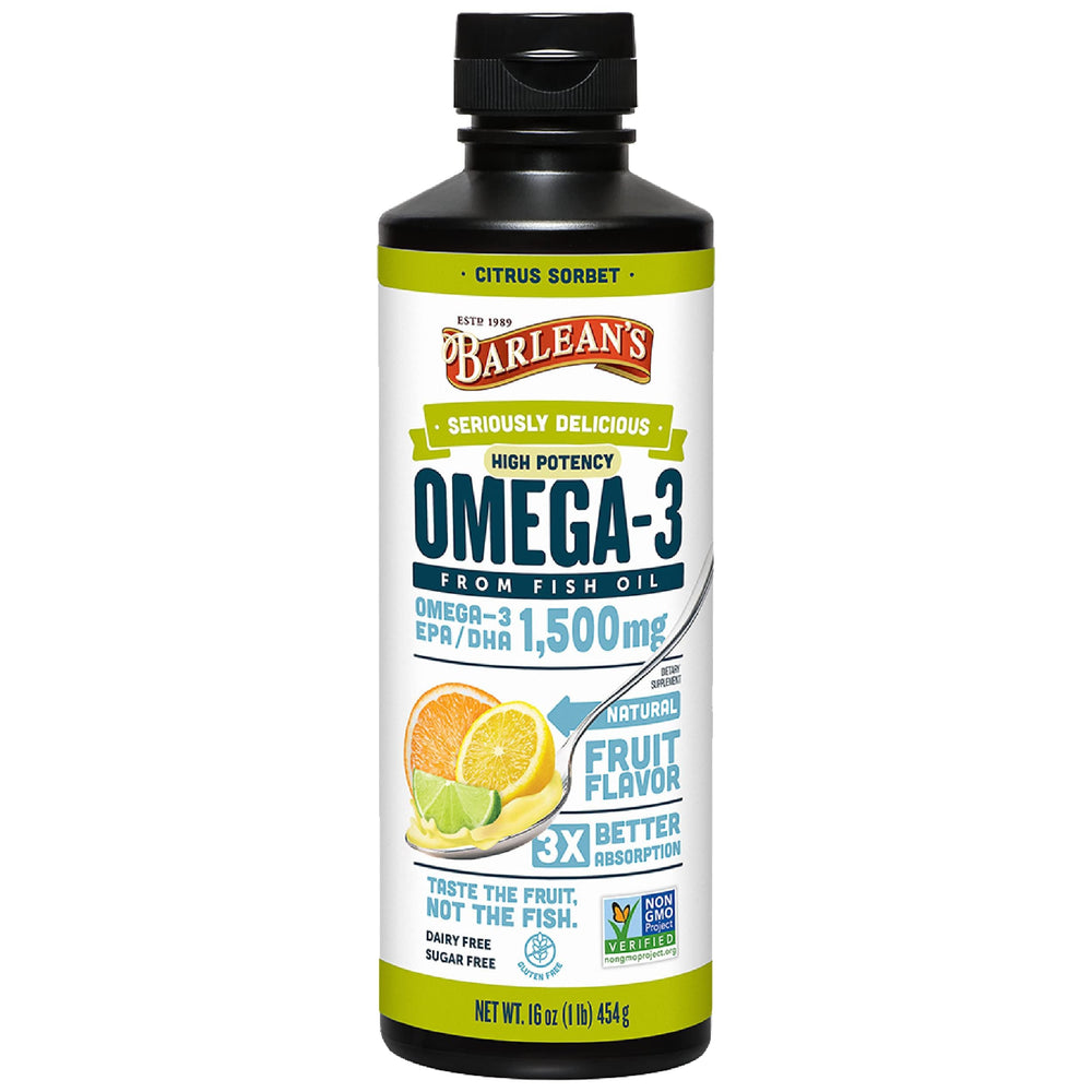Barlean's Omega 3 Citrus Sorbet bottle on kitchen counter, easy daily boost for brain and heart support.