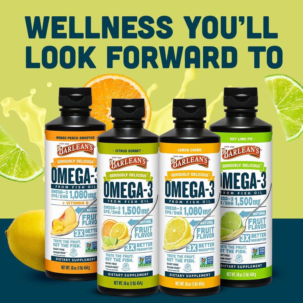 Barlean's Omega 3 Citrus Sorbet bottle in a bright kitchen setting.