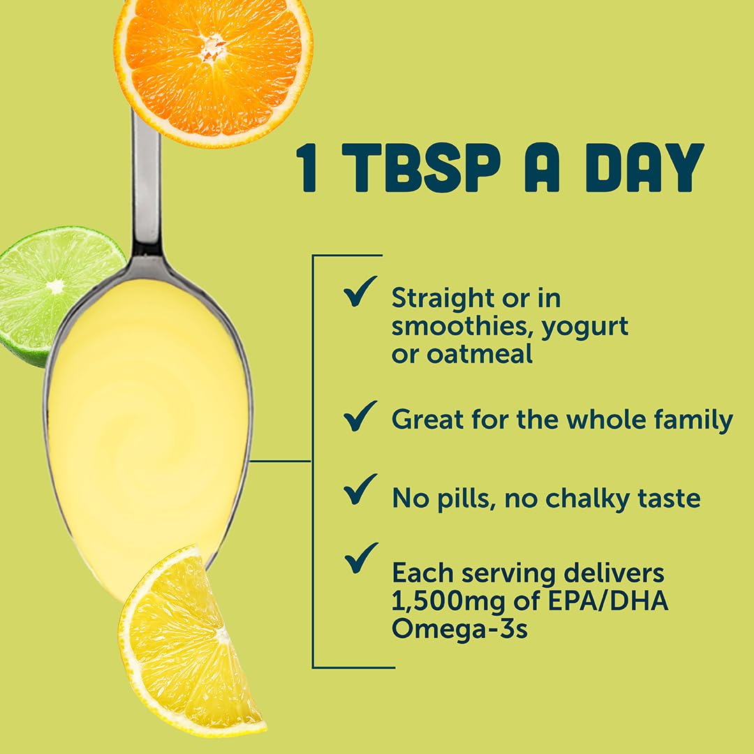 Nutrition label on Barlean's Omega 3 Citrus Sorbet bottle highlighting EPA/DHA content.