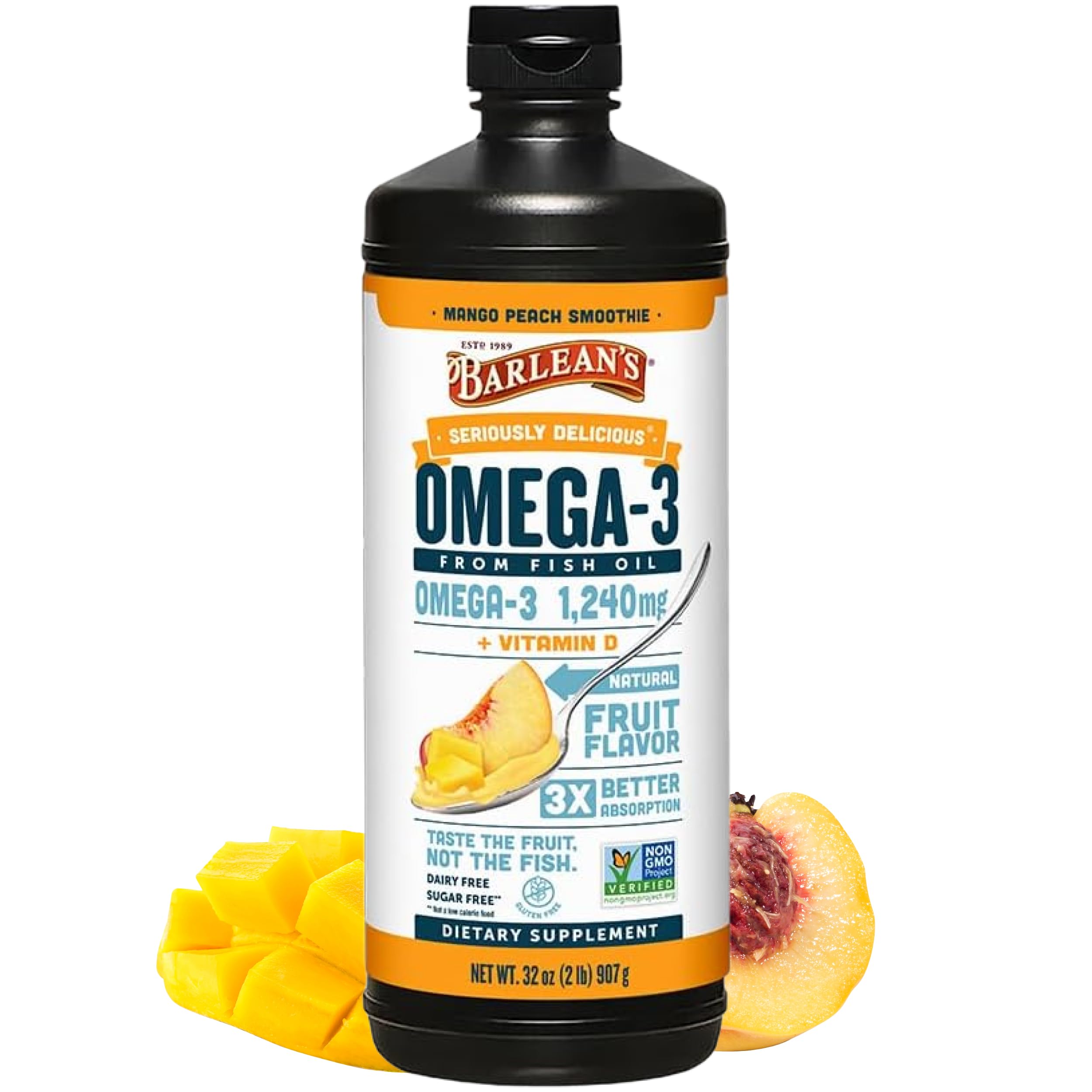 Barlean's Omega-3 Mango Peach bottle with creamy, smoothie-like texture.