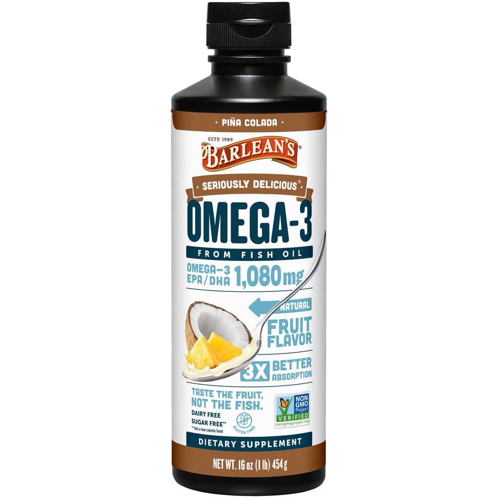 Barlean's Omega-3 pina colada bottle highlights high absorption and great flavor