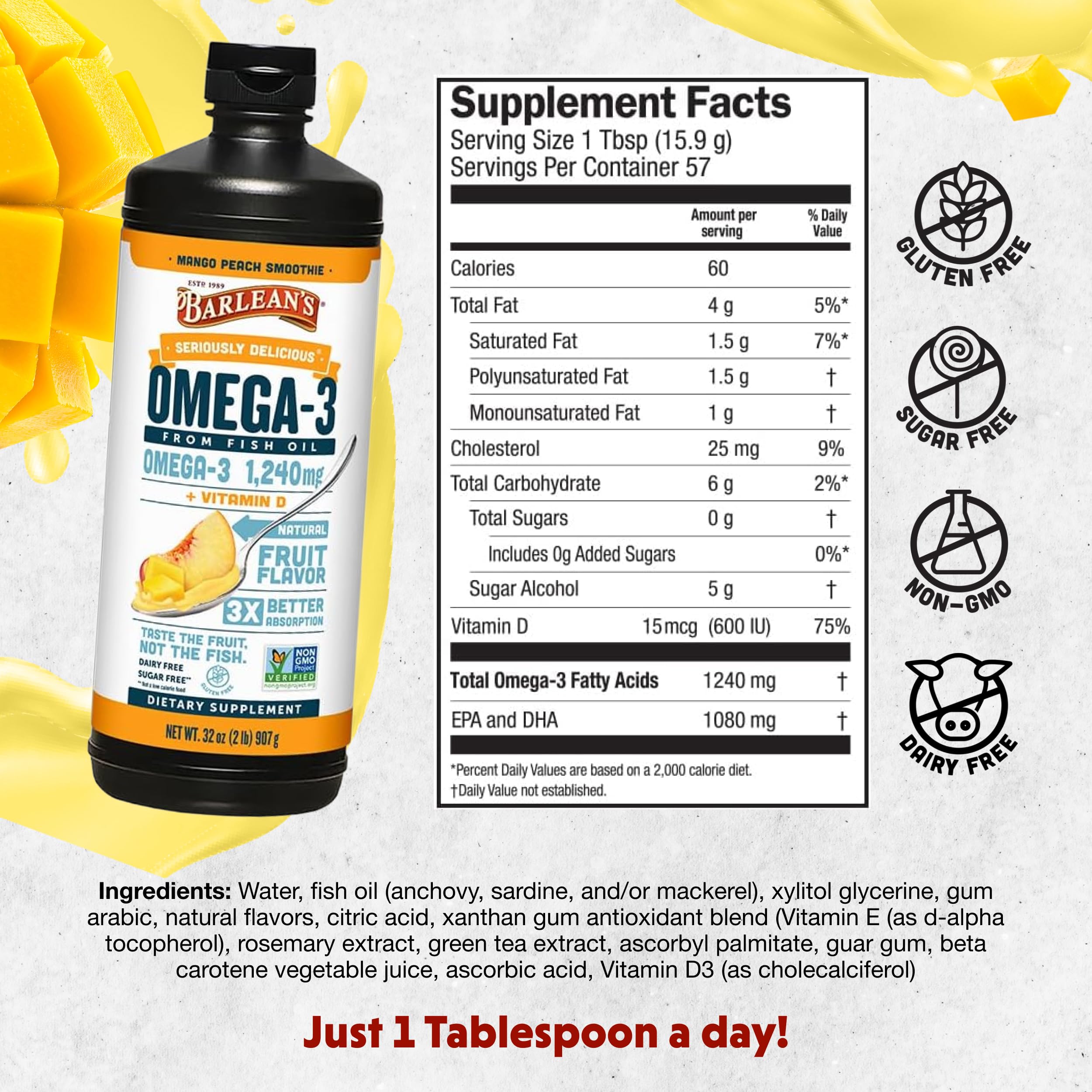 Barlean's Omega-3 Mango Peach on a spoon for easy dosing.