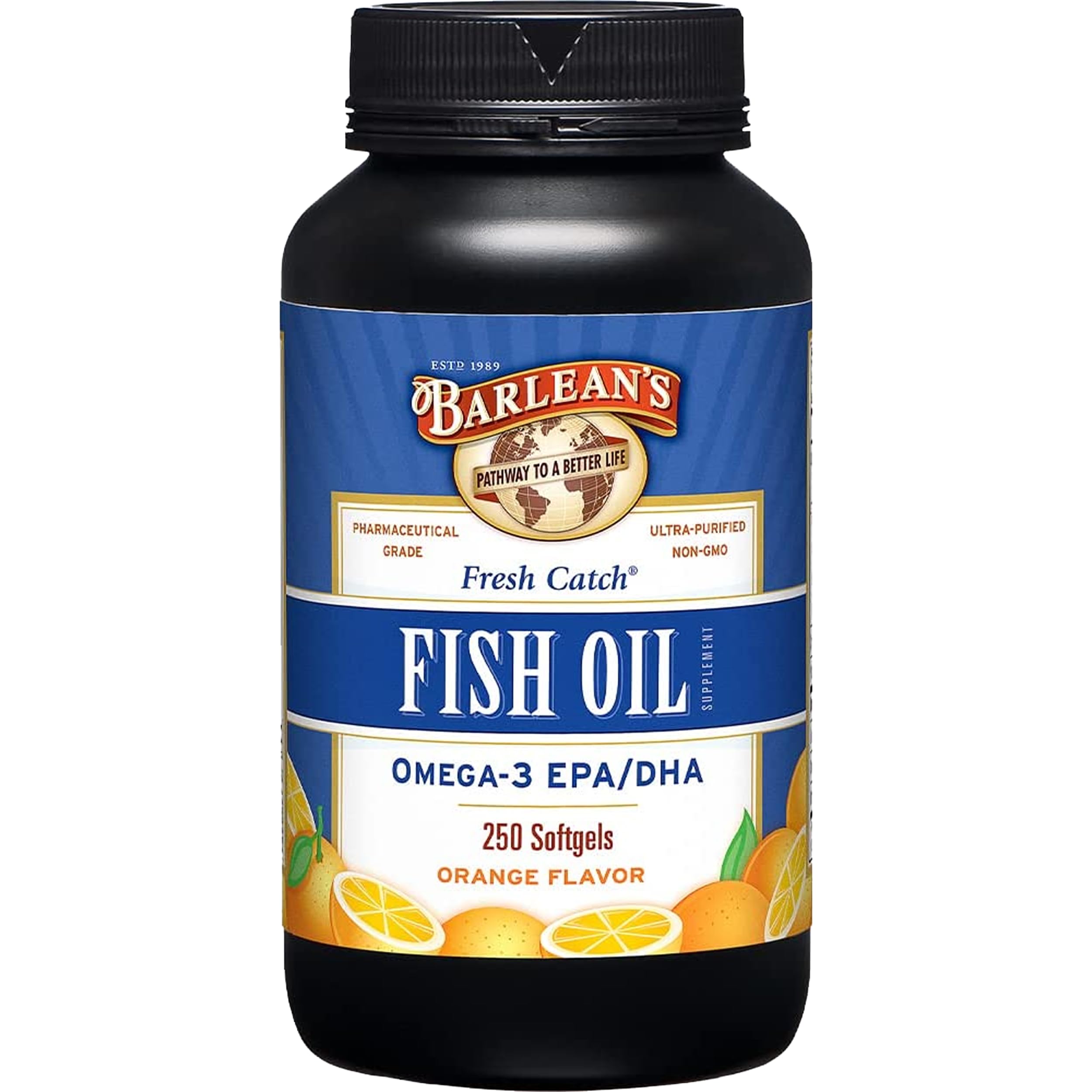 Barlean's Omega-3 softgels orange bottle for heart and brain wellness.
