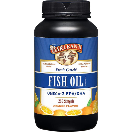 Barlean's Omega-3 softgels orange bottle for heart and brain wellness.