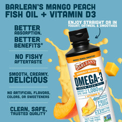 Barlean's Omega-3 label closeup highlights non-GMO and mango peach flavor