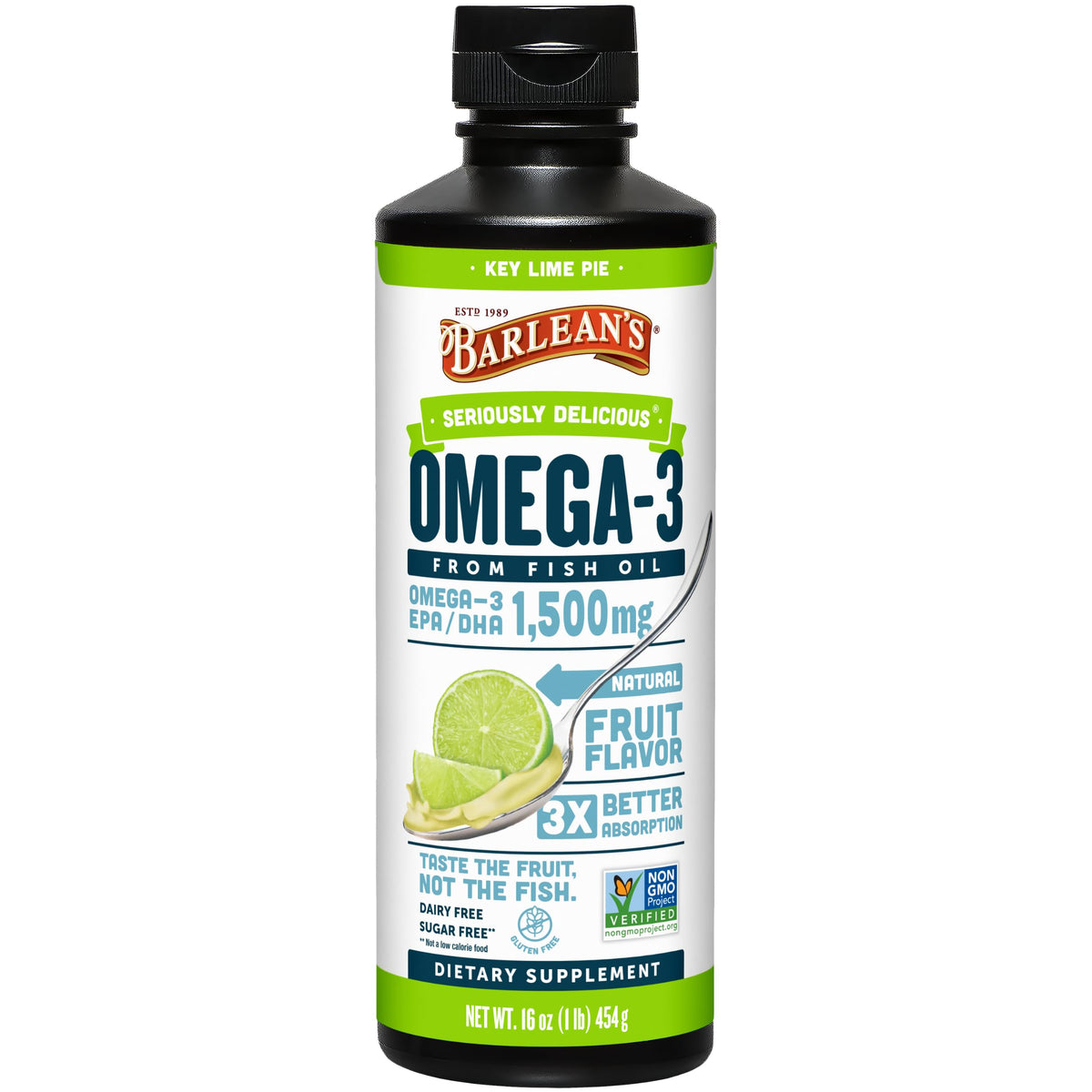 Barlean's Key Lime Pie Omega-3 bottle may support brain and heart health.