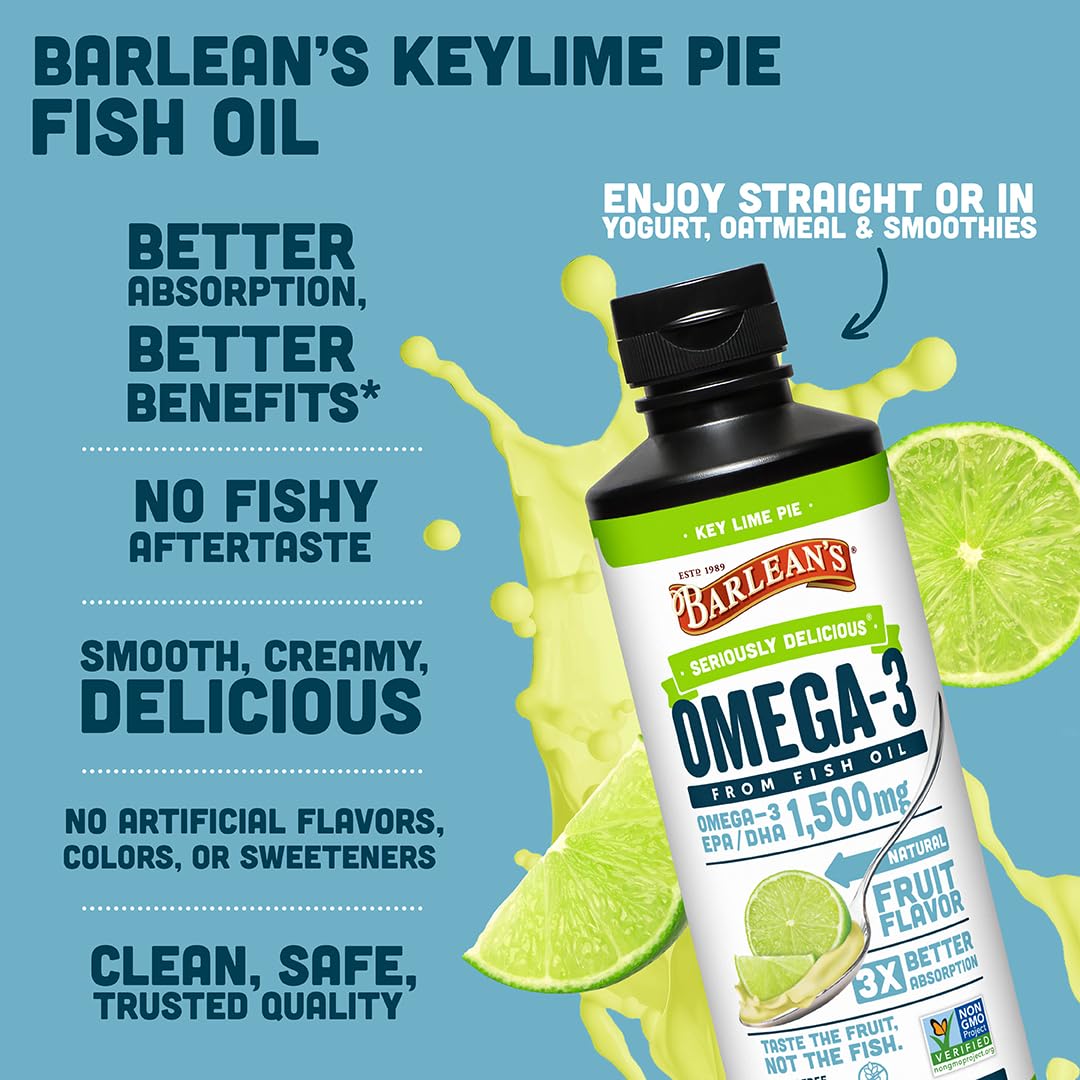 Pouring Barlean's Key Lime Pie Omega-3 into a smoothie.