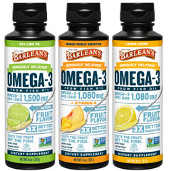 Barlean's Omega-3 liquid bottle with Key Lime Pie flavor for easy daily supplementation.