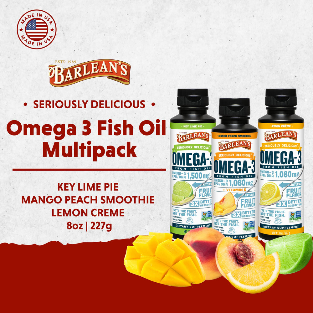 Barlean's Omega-3 liquid bottle Mango Peach flavor supports everyday wellness.