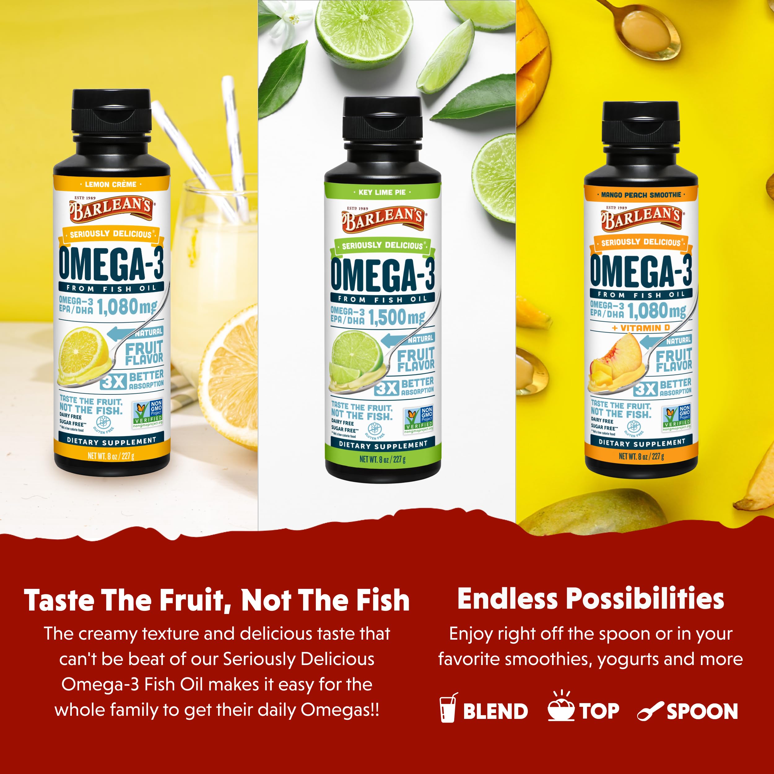 Barlean's Omega-3 Variety Pack bottle showcases multiple flavors for families.