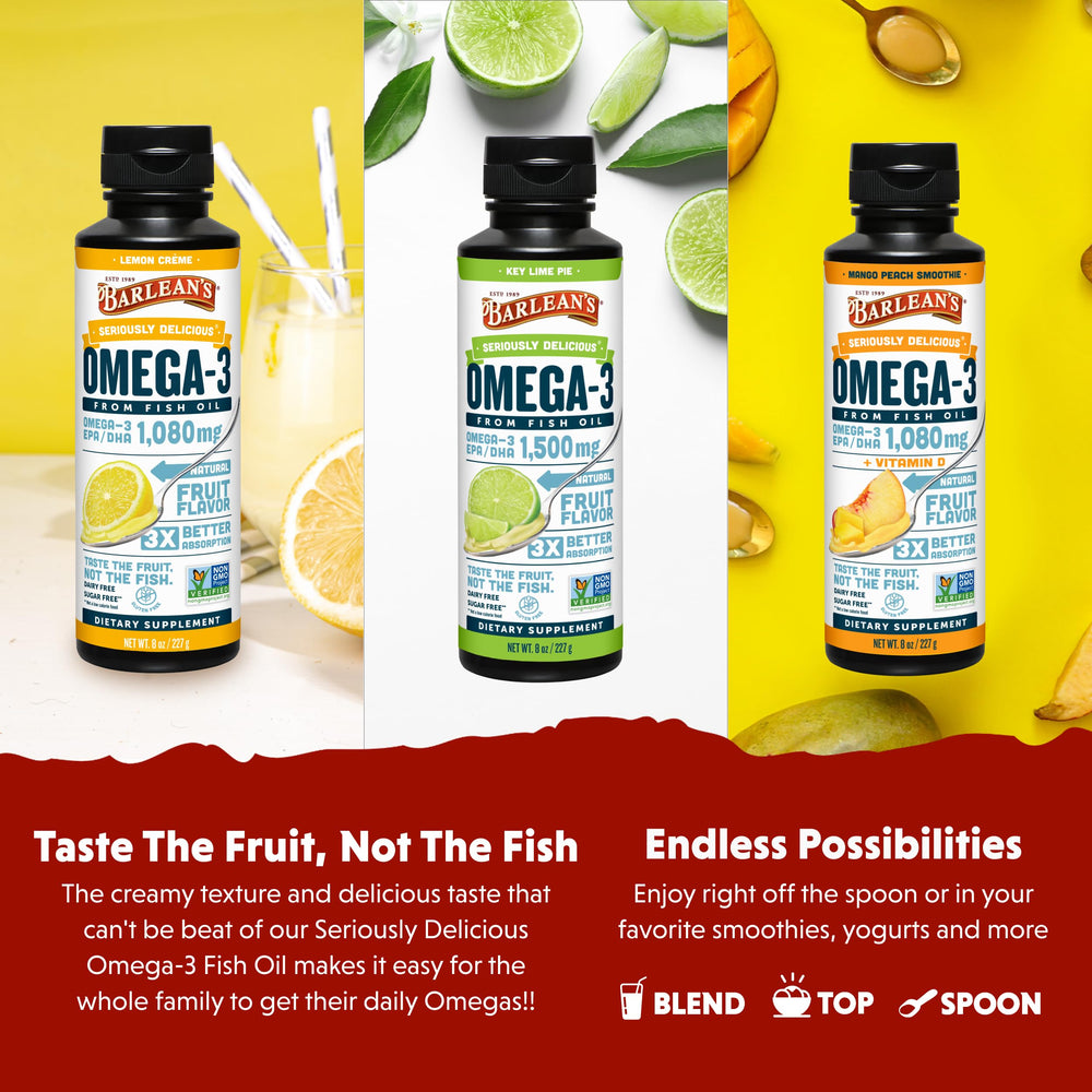 Barlean's Omega-3 Variety Pack bottle showcases multiple flavors for families.