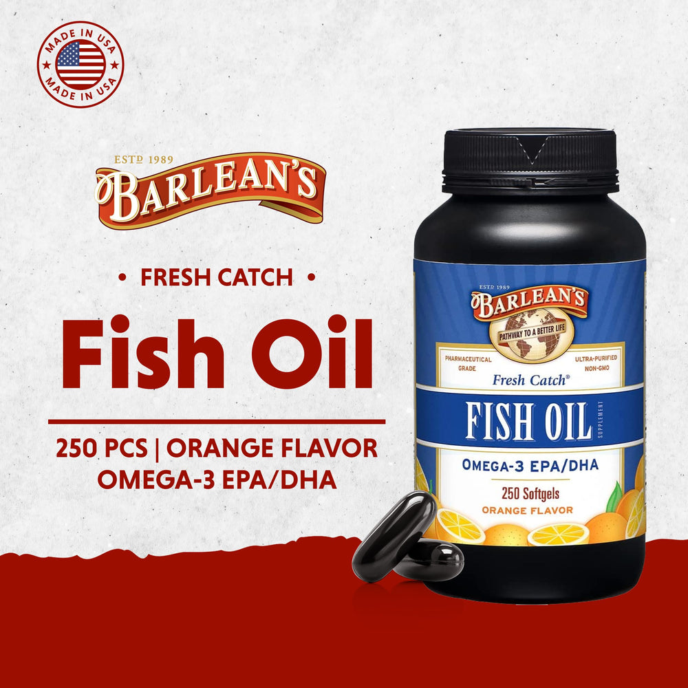 Barlean's orange-flavored fish oil softgels shown in closeup for easy dosing.