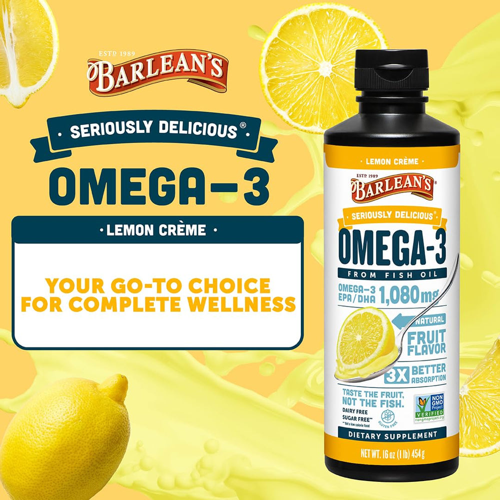 Spoonful of Barlean's Omega-3 fish oil showing creamy texture and fruity flavor.