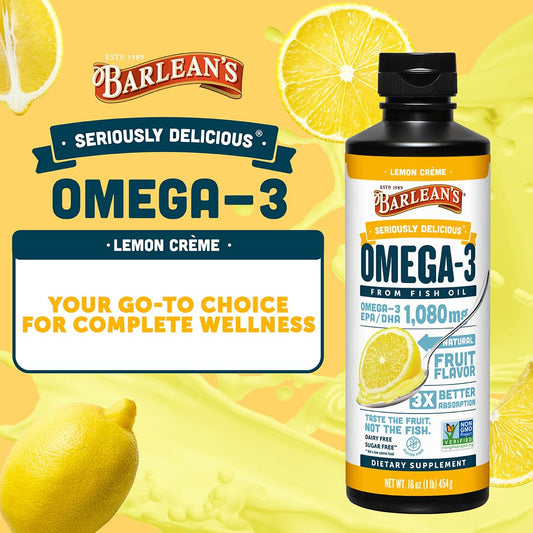 Spoonful of Barlean's Omega-3 fish oil showing creamy texture and fruity flavor.