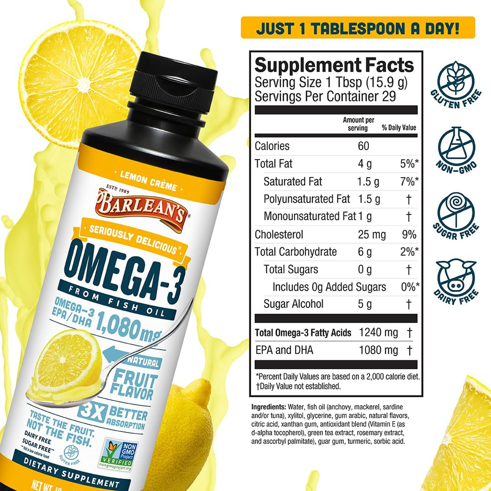 Barlean's USA-made Omega-3 bottle with non-GMO labeling.