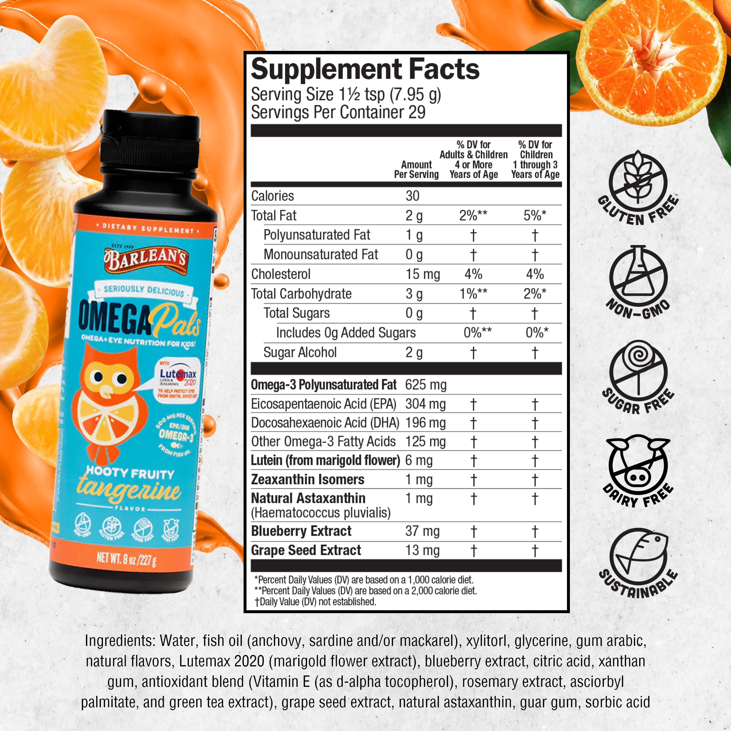Serving spoon with Barlean's Omega Pals Tangerine for easy daily dose
