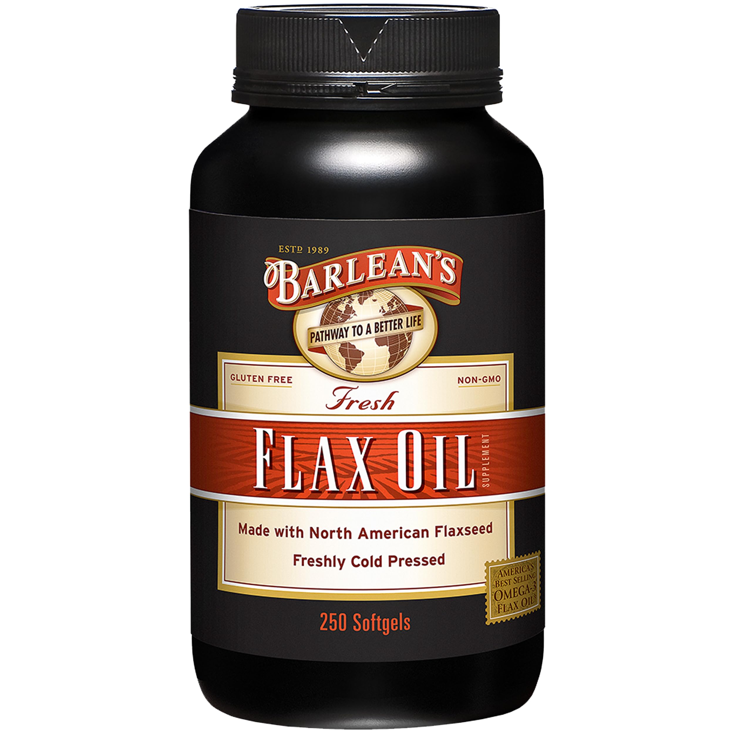 Barlean's flaxseed oil softgels bottle with label, convenient daily omega support