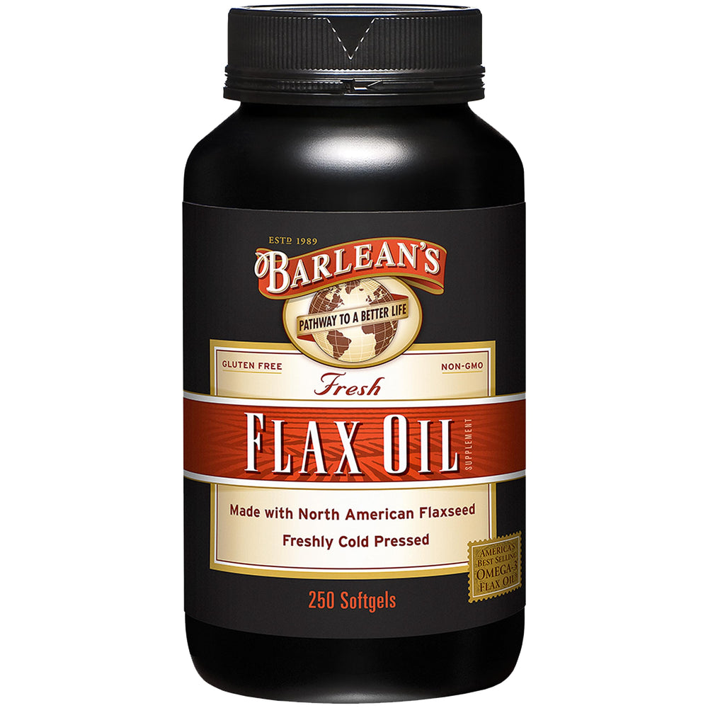 Barlean's flaxseed oil softgels bottle with label, convenient daily omega support