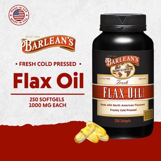 Barlean's Omega3-6-9 softgels label closeup, non-GMO flax source for quality