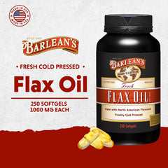 Barlean's Omega3-6-9 softgels label closeup, non-GMO flax source for quality