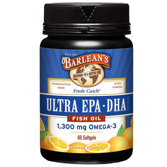 Barlean's Omega-3 orange softgels bottle for daily heart and brain support.