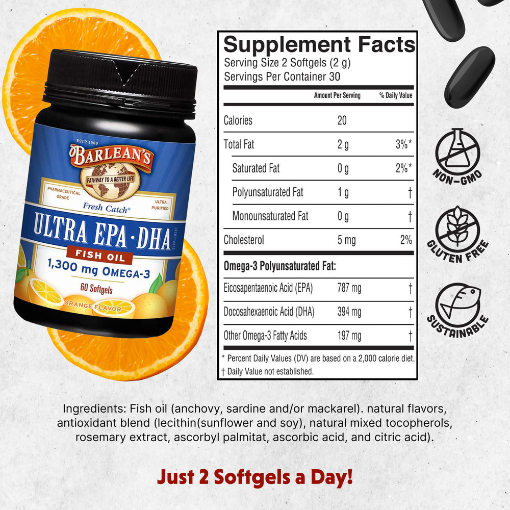 Barlean's Omega-3 orange softgels closeup emphasizing high EPA and DHA.