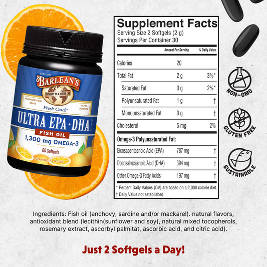 Barlean's Omega-3 orange softgels closeup emphasizing high EPA and DHA.