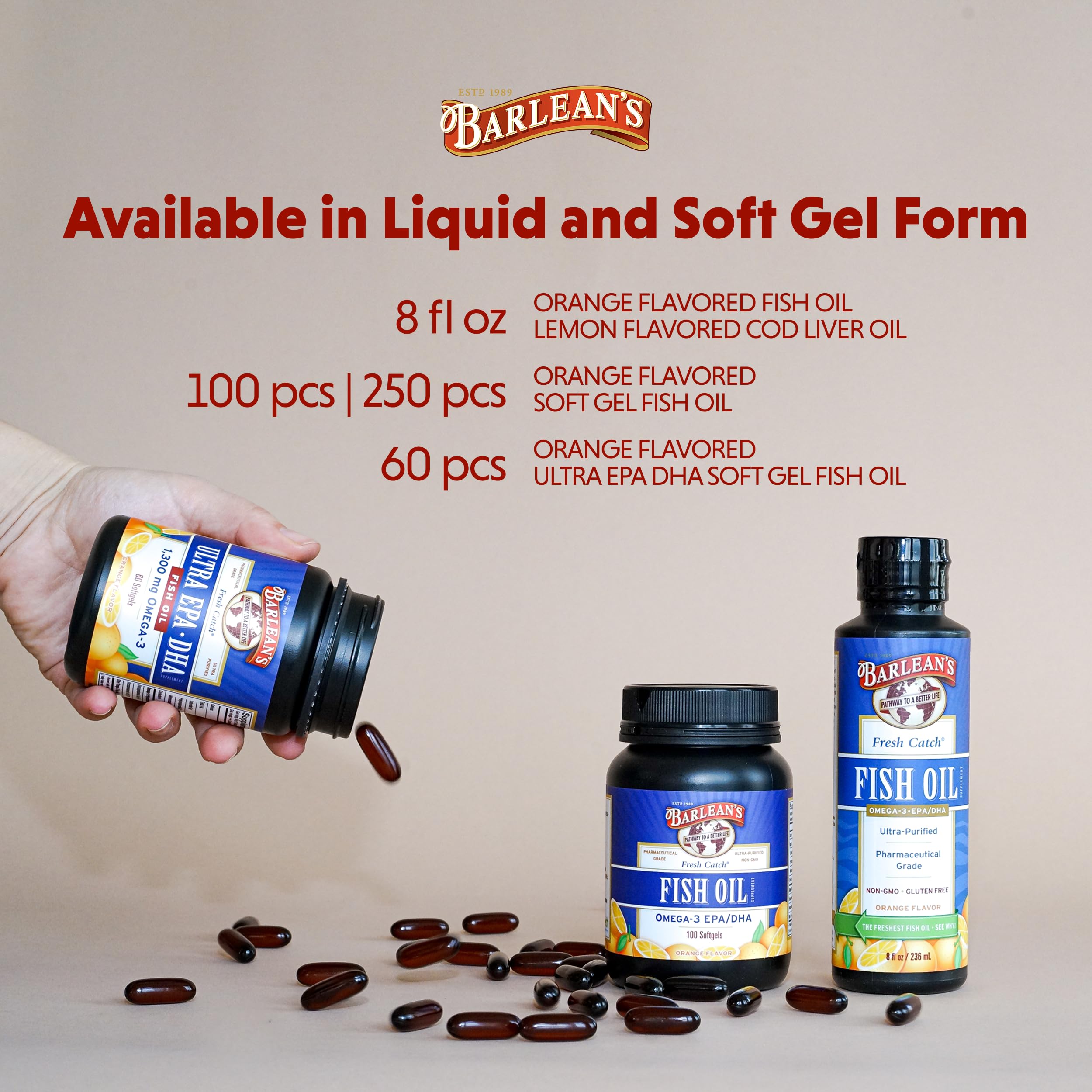 Barlean's orange-flavored fish oil softgels ready-to-take capsules.