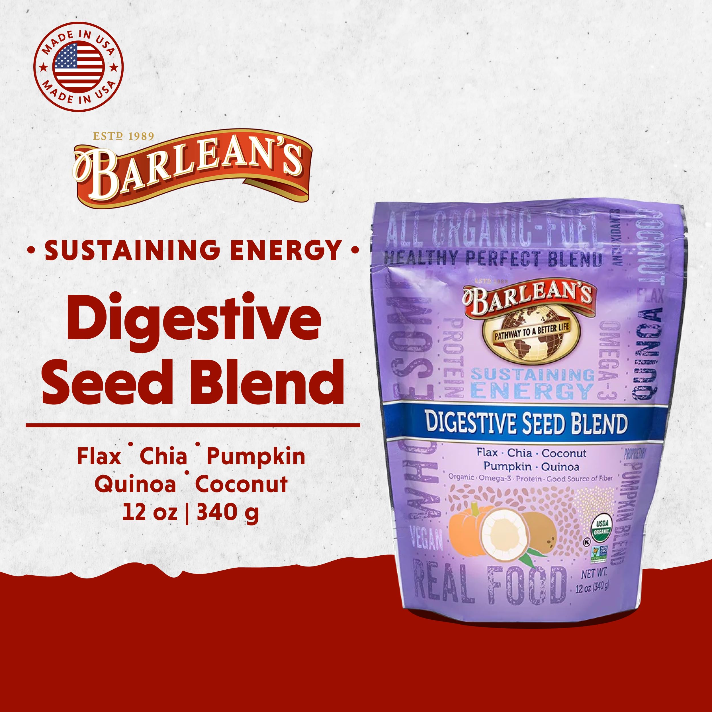 Close-up of Barlean's seed blend ingredients: chia, flax, coconut, quinoa and pumpkin