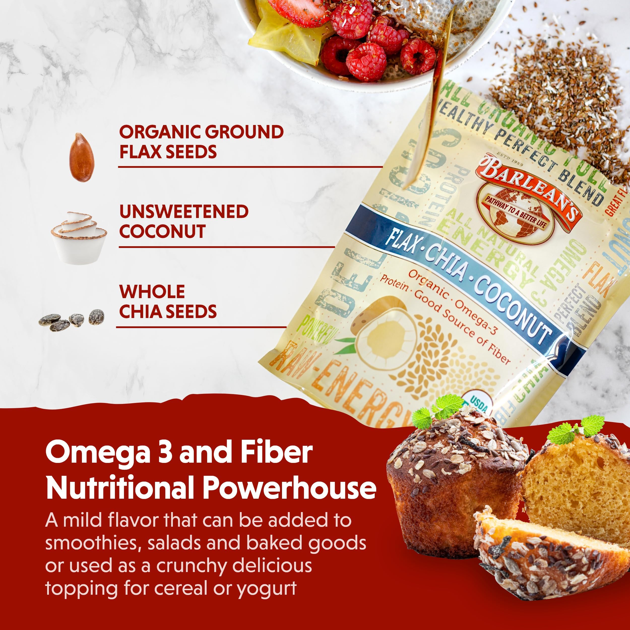 Barlean's flax chia coconut blend close-up shows omega-3 and fiber benefits