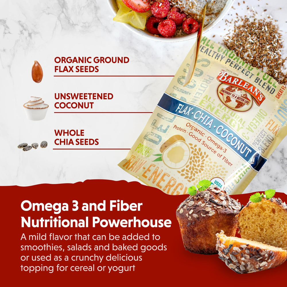 Barlean's flax chia coconut blend close-up shows omega-3 and fiber benefits
