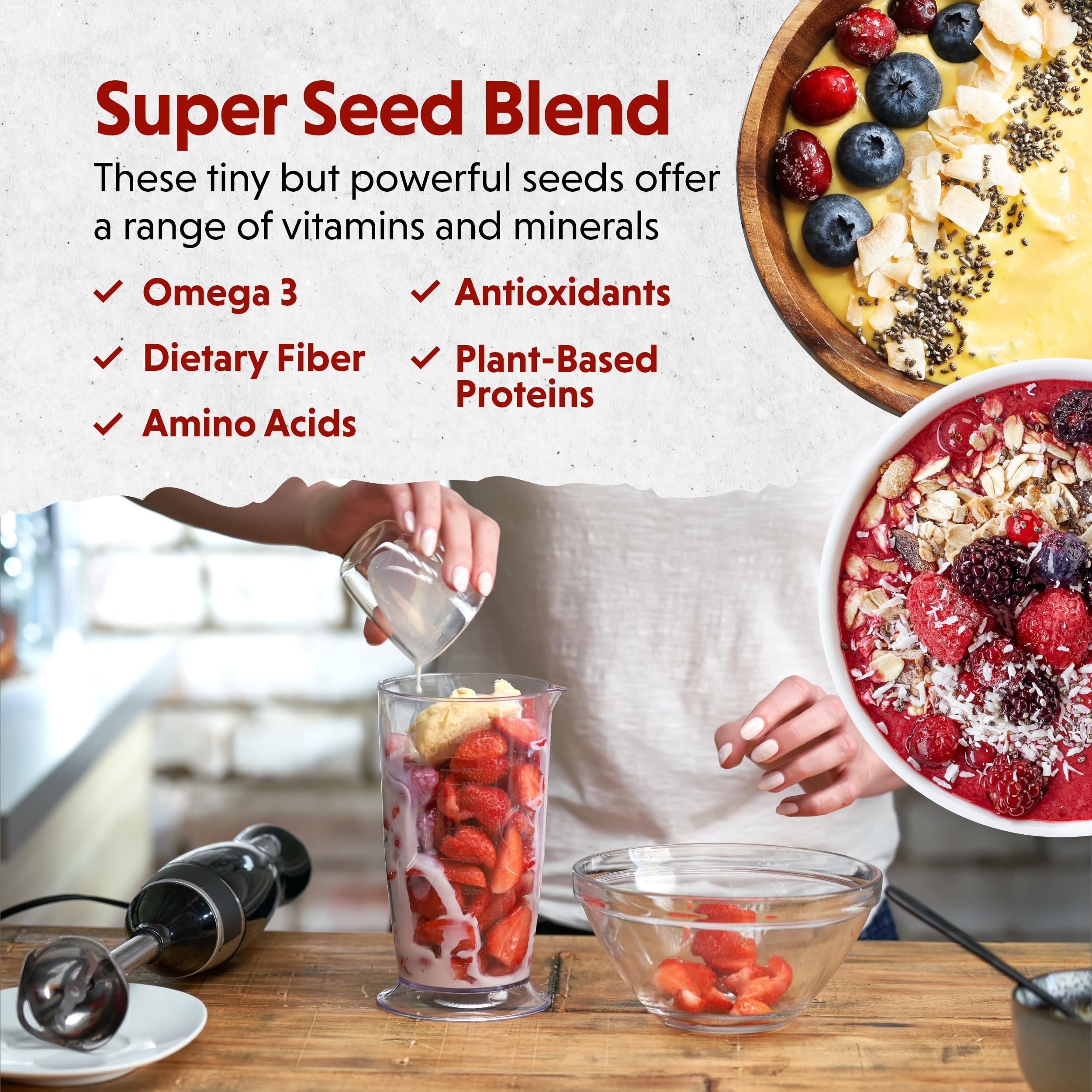 Barlean's blend being poured into yogurt demonstrates versatile breakfast option