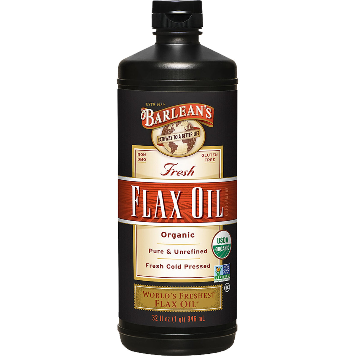 Barlean's Organic Flaxseed Oil bottle being poured for a omega-3 boost