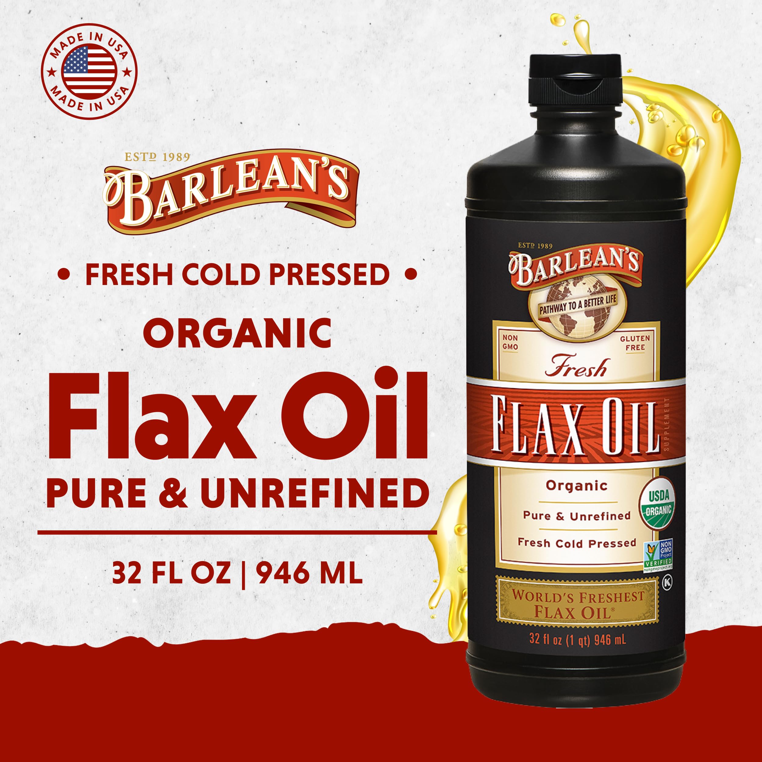Barlean's flaxseed oil in a glass bottle on wood surface for versatile vegan nutrition