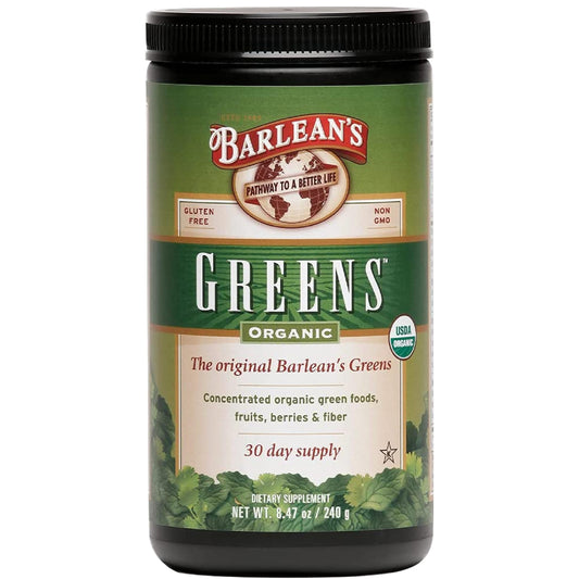 Barlean's Organic Greens powder bottle with label, convenient daily greens boost.