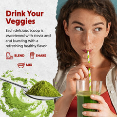 Barlean's Organic Greens container with glass, highlighting probiotic blend and fiber.