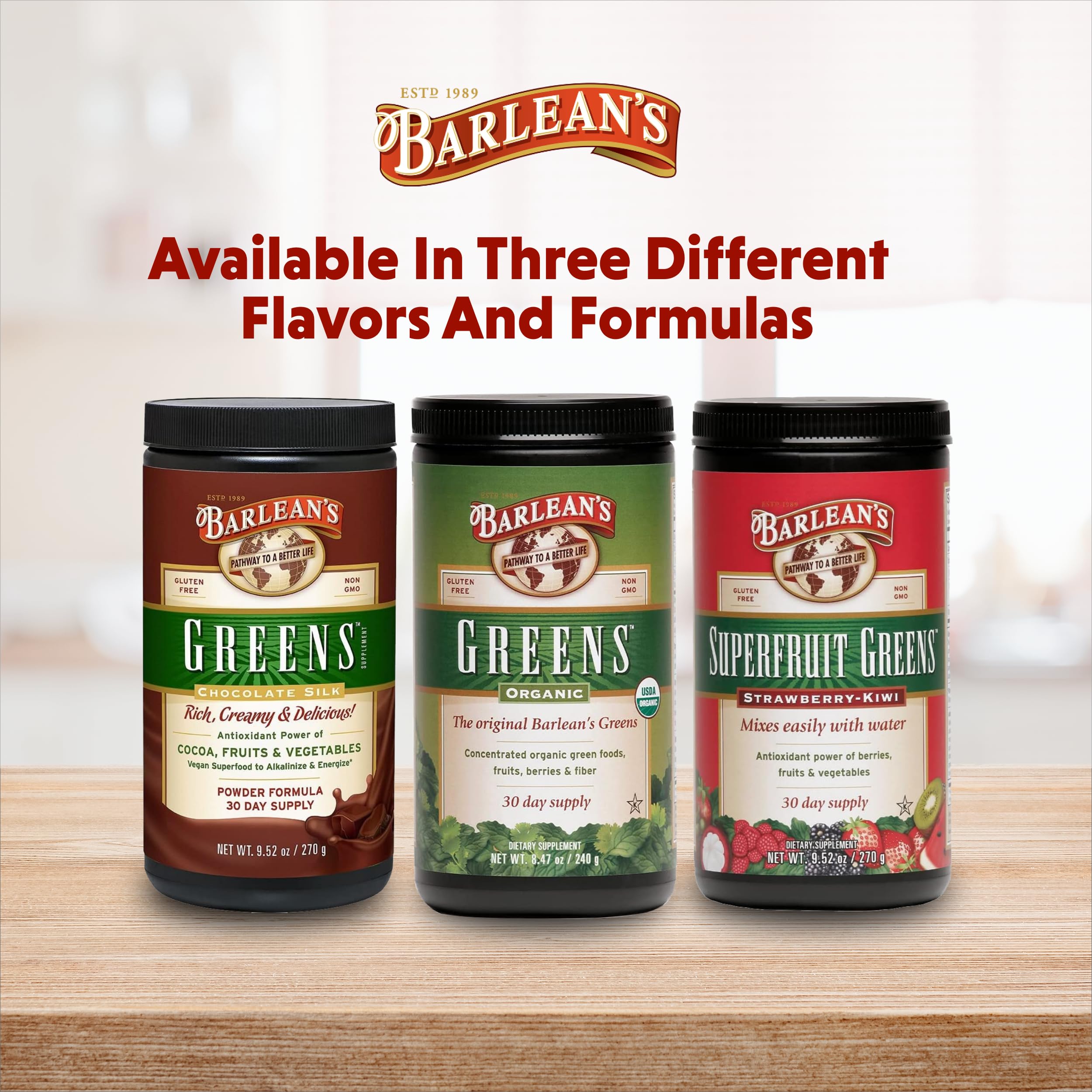 Barlean's Organic Greens powder shown with a family morning smoothie ritual.